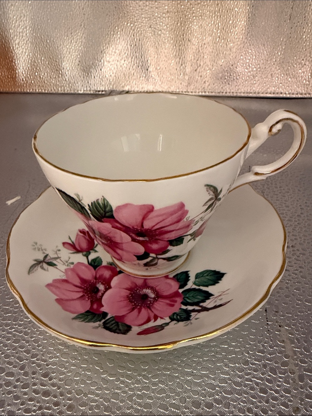 Vintage Pink Floral Gold-Trim Teacup and Saucer